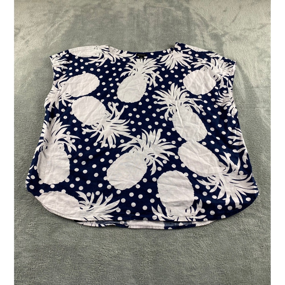Ann Taylor XXL Navy Blue White Pineapple Polka Dot Linen Blend Cap Sleeve Blouse